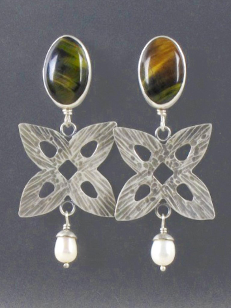 Tiger's Eye, Pearl And 925 Sterling Silver Post Earrings, Handcrafted
